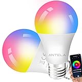 ANTELA Alexa Glühbirne E27 9W 806LM RGB 2700K-6500K Warmweiß Kaltweiß Licht Smart WLAN LED Dimmbare Birne Lampe, Kompatibel mit Google Home, 2 Stück